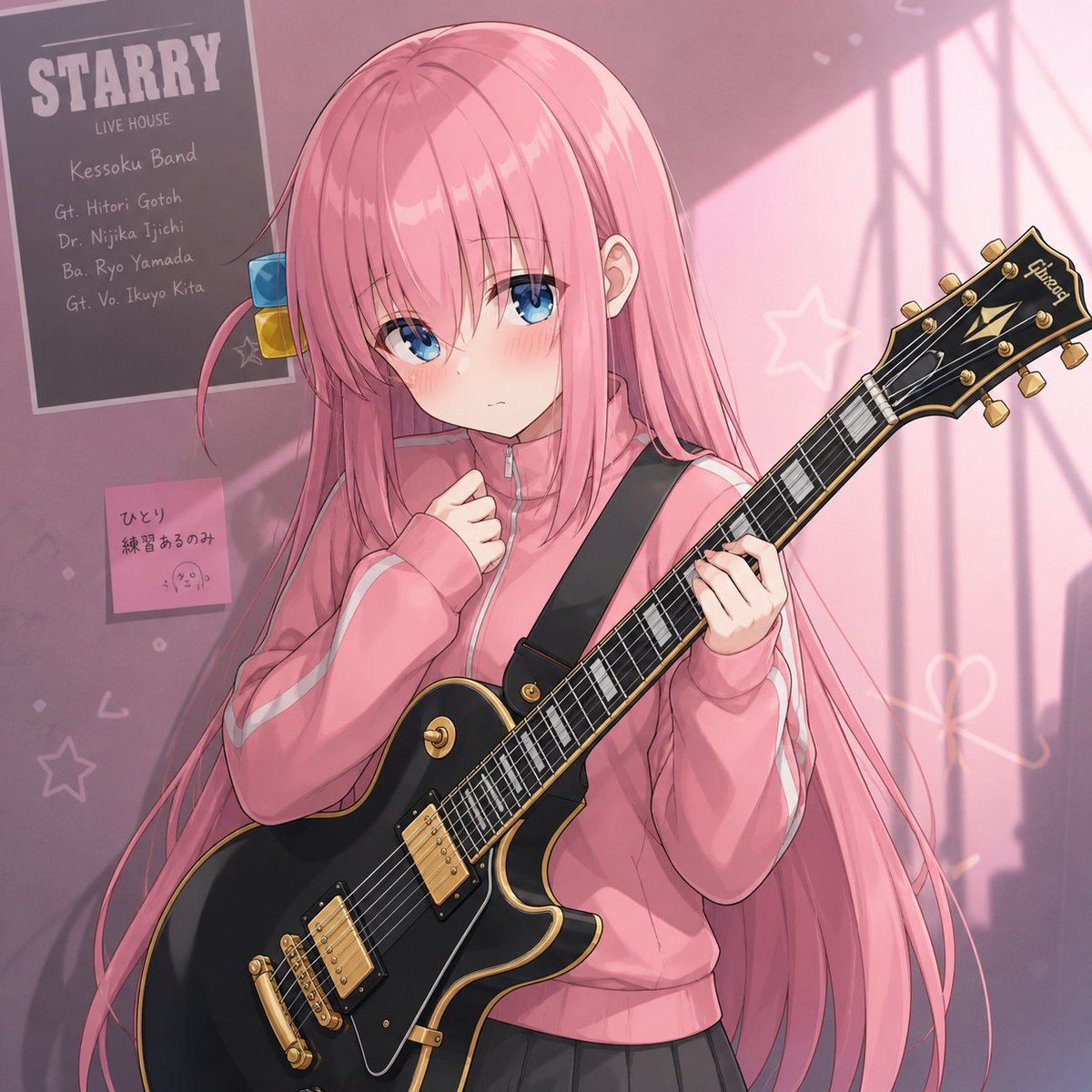Shy Pink-Haired Guitarist Anime Portrait
