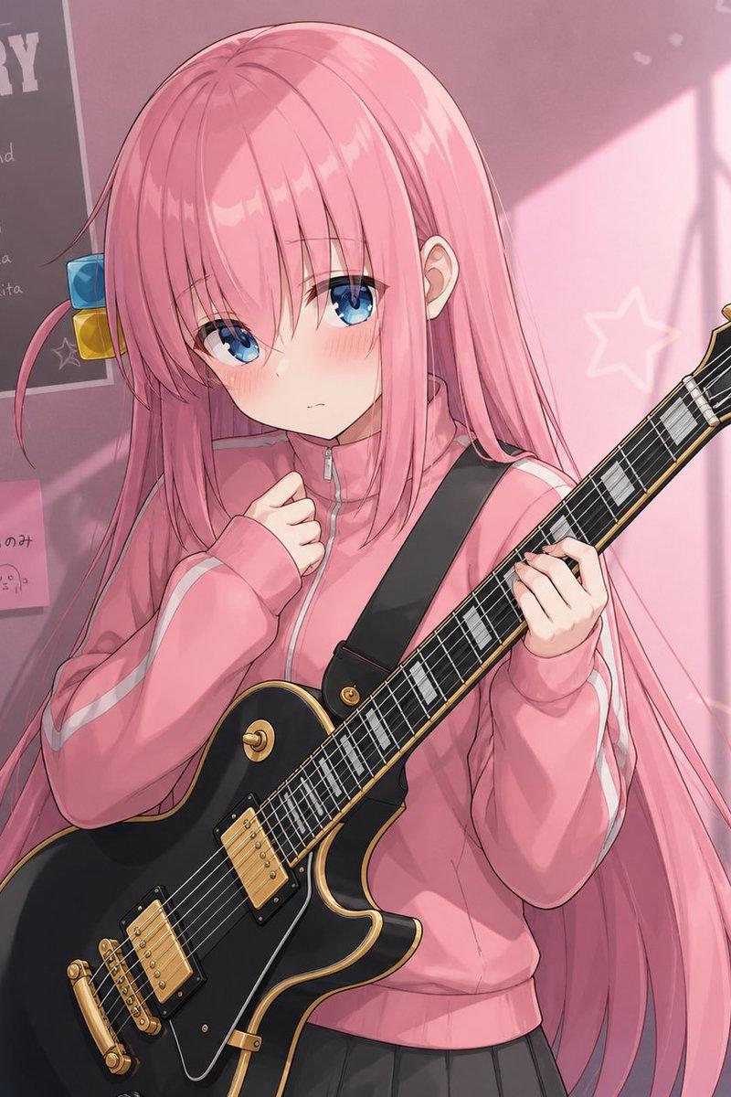 Shy Pink-Haired Guitarist Anime Portrait