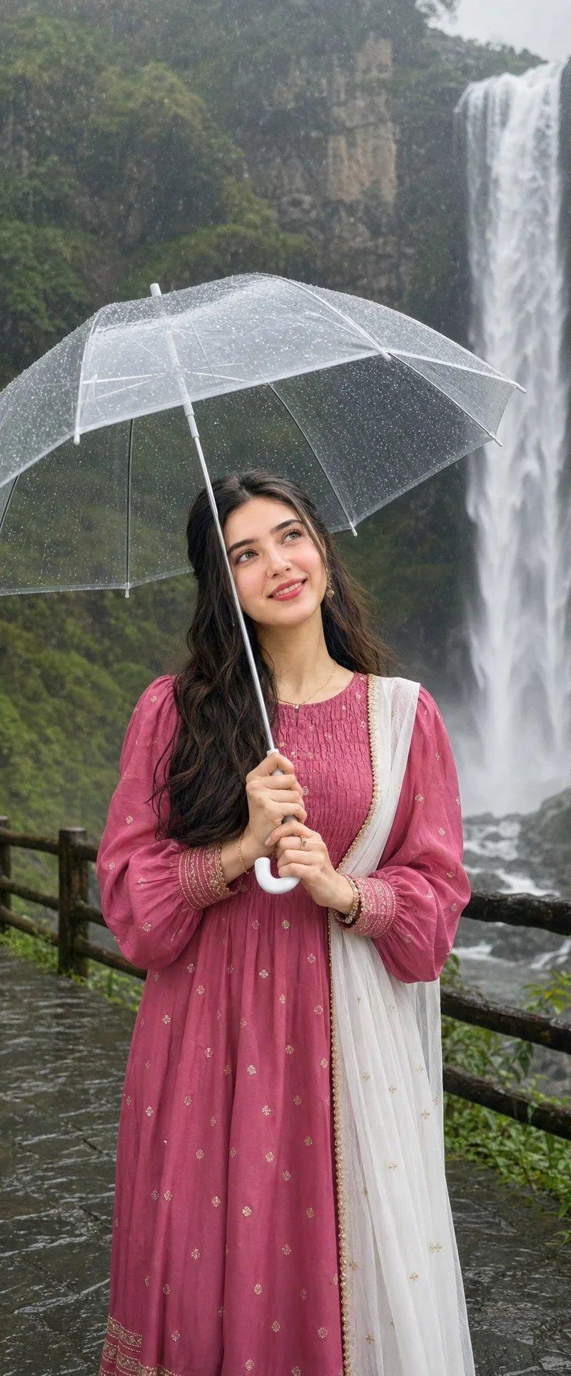 身穿粉色 Lehenga 的女子与瀑布