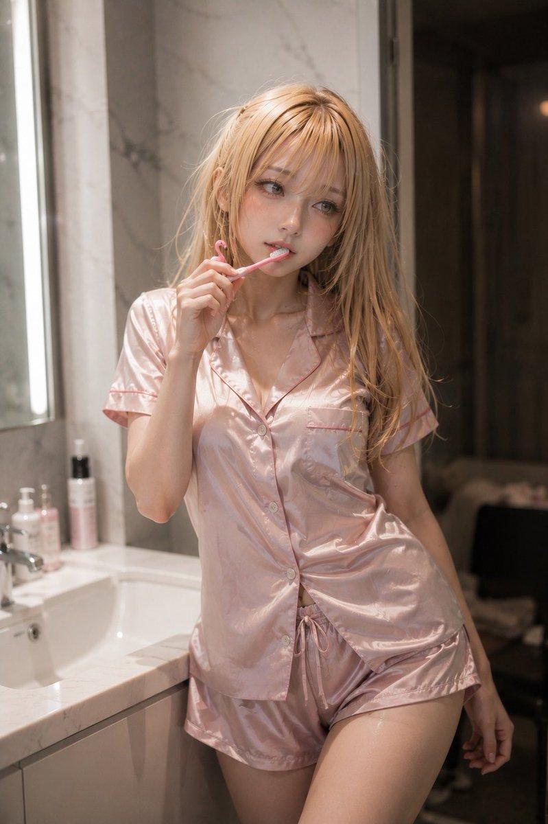 身穿粉色缎面睡衣的金发女性