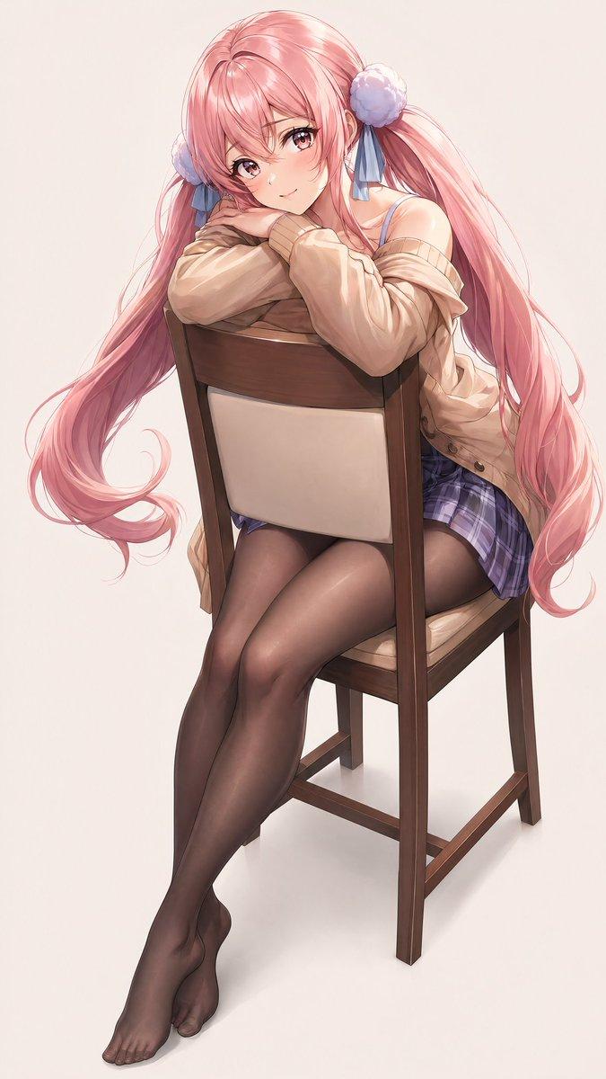 坐在椅子上的粉色双马尾动漫少女