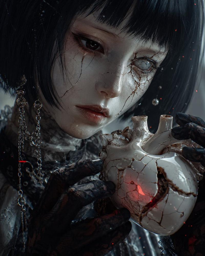 手捧心脏的破碎瓷偶少女