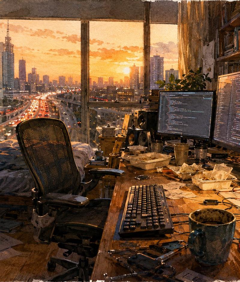 日落时分的程序员卧室工作室