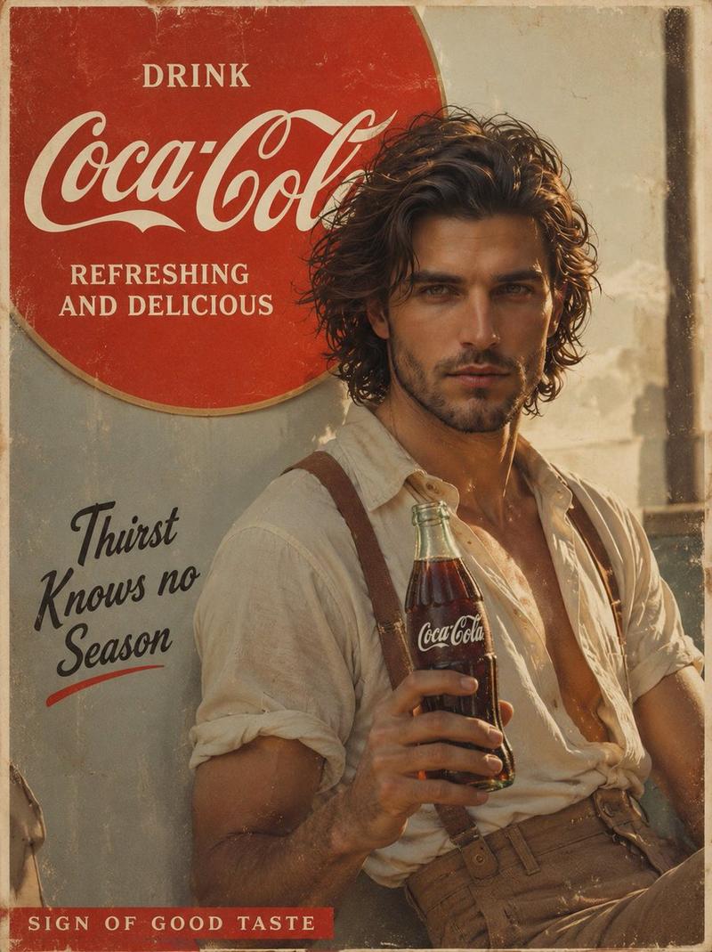 提示词： 创作一则电影质感的复古 Coca Cola 广告