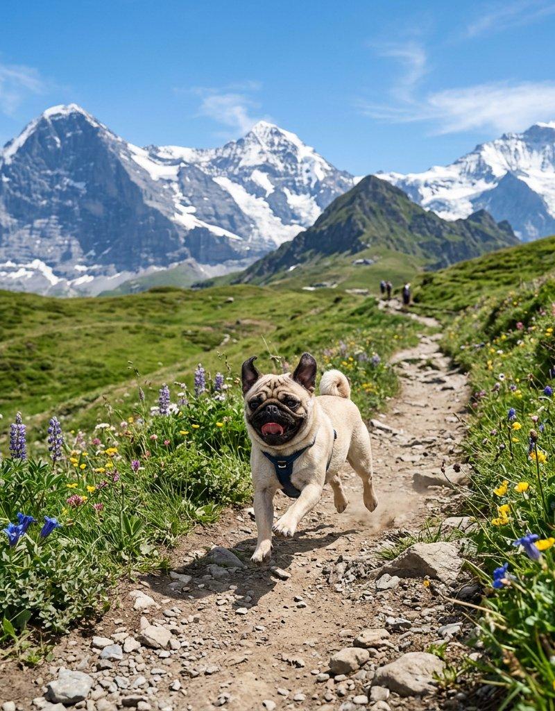 奔跑在高山步道上的哈巴狗