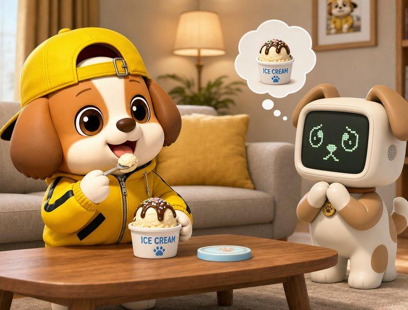 小狗与机器狗吃冰淇淋场景