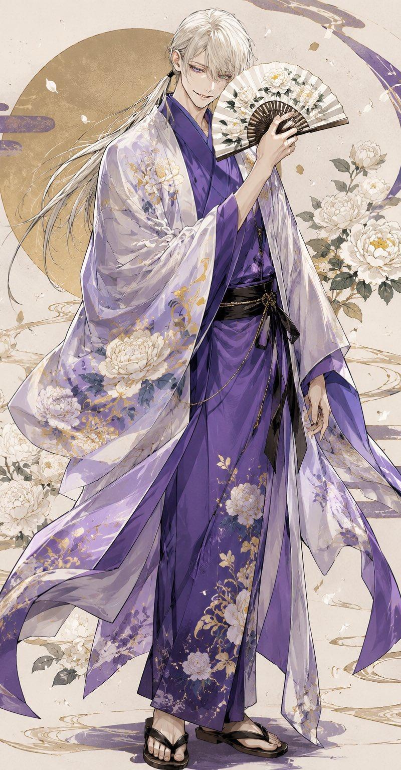 优雅的紫色和服男子
