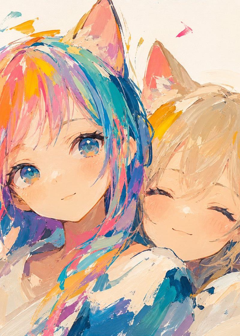 彩虹发色猫娘插画