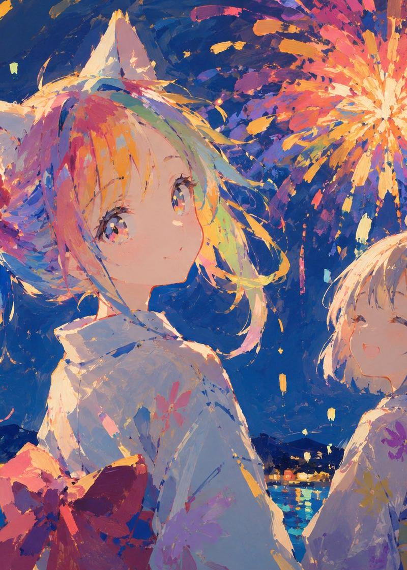 彩虹发色猫耳少女插画