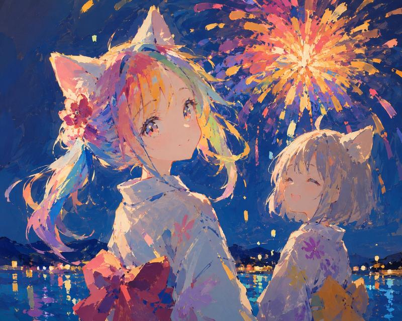 彩虹发色猫耳少女插画