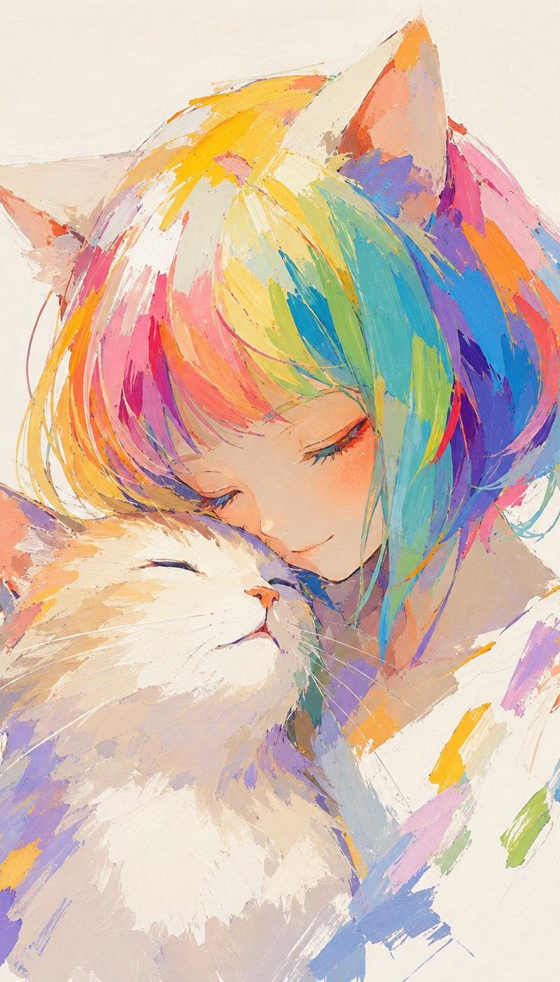 彩虹发色猫耳少女画作