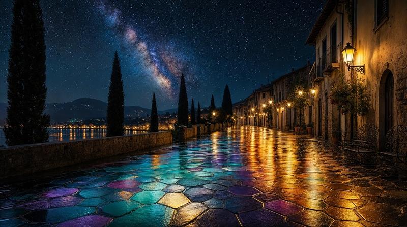 彩虹之夜湖畔街道