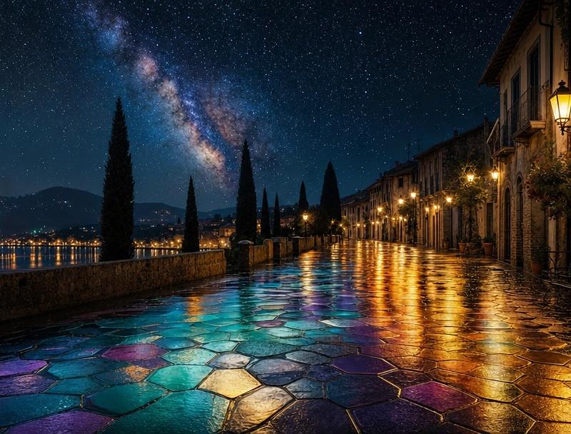 彩虹之夜湖畔街道
