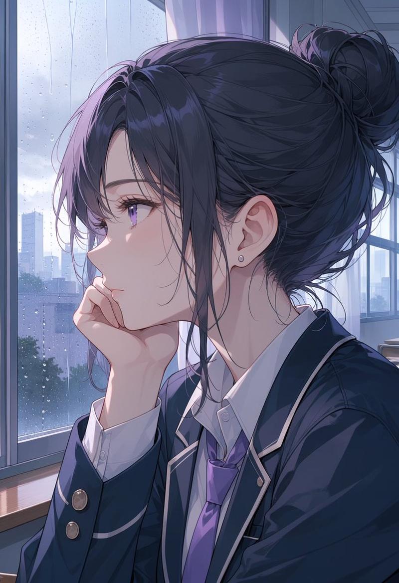 雨中动漫学生肖像