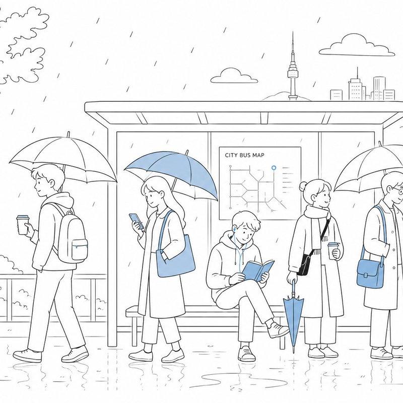 雨中城市公交站通勤