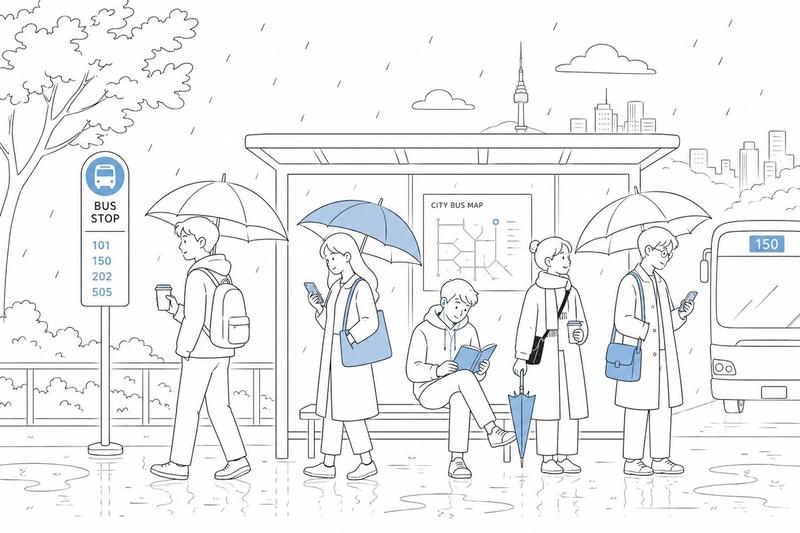 雨中城市公交站通勤