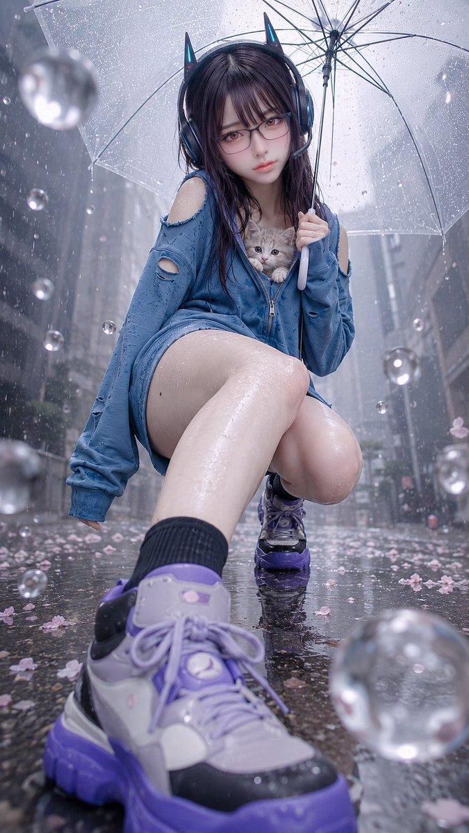 雨中猫耳少女与小猫