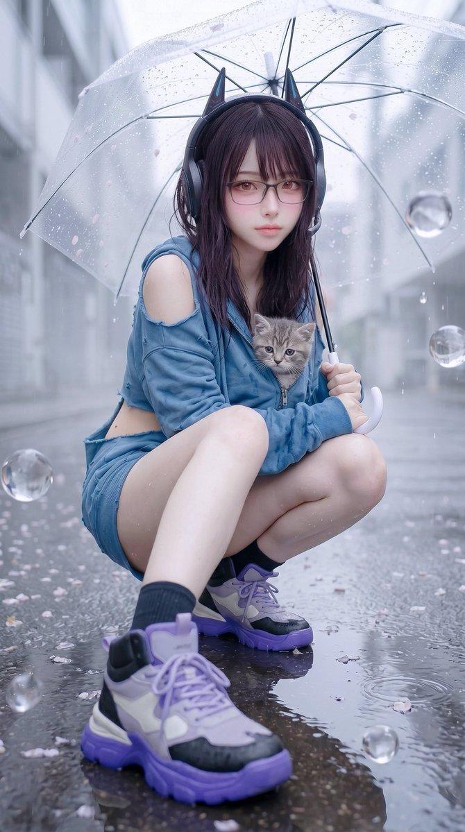 雨中猫耳街头肖像