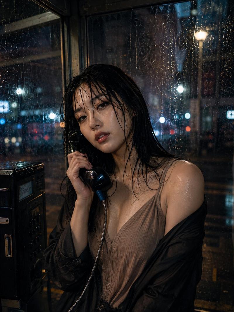 电影感雨夜电话亭人像