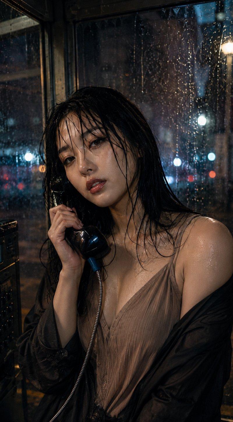 电影感雨夜电话亭人像