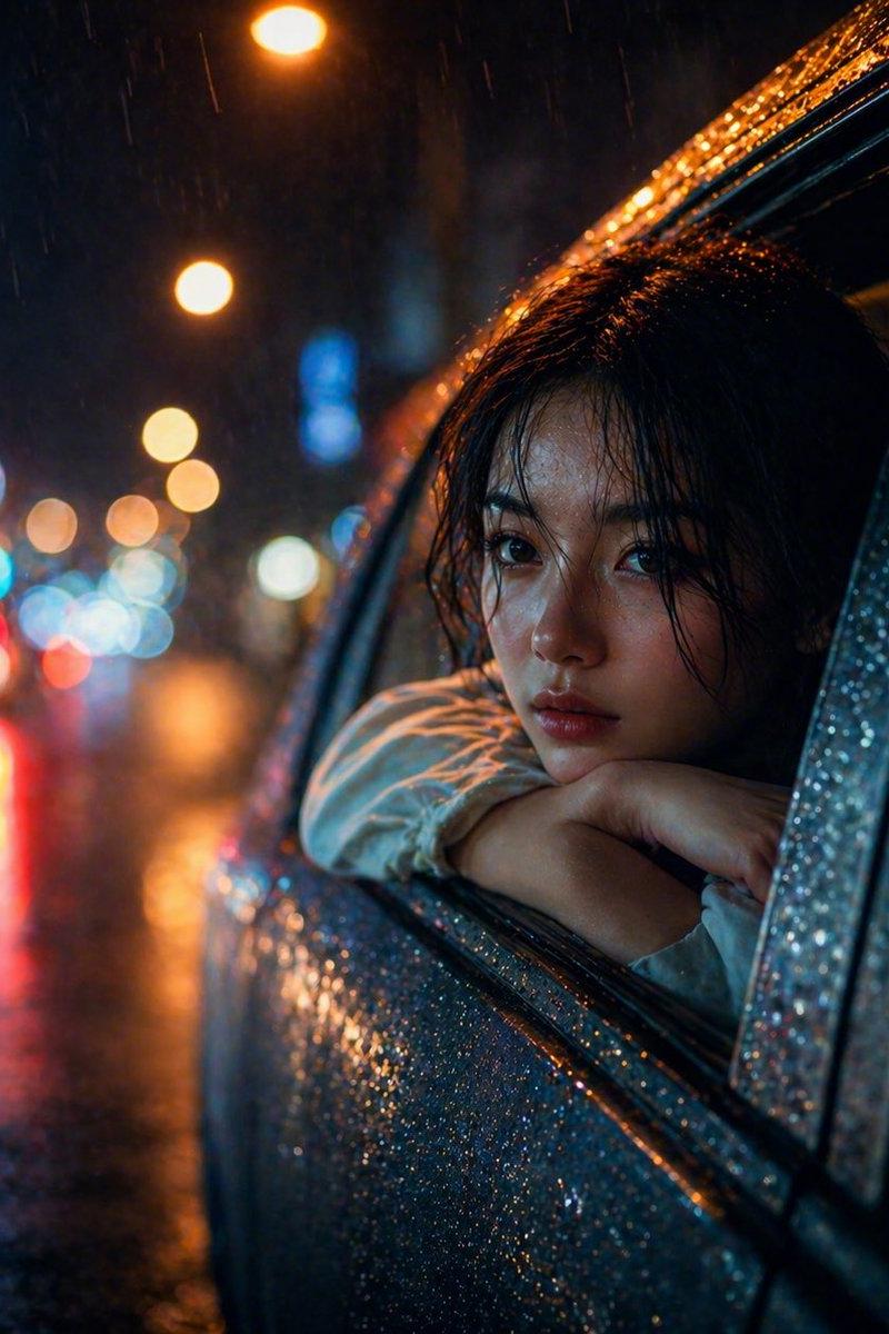 雨夜中倚靠在车窗旁的女子