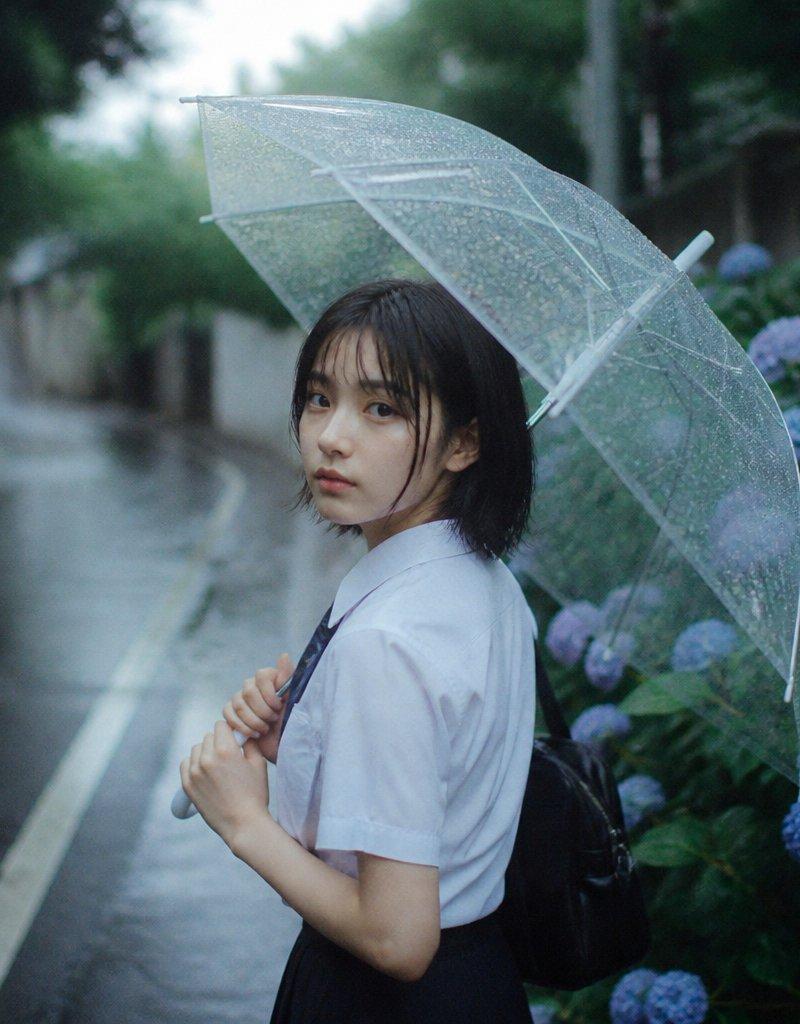 雨中撑透明雨伞的女学生
