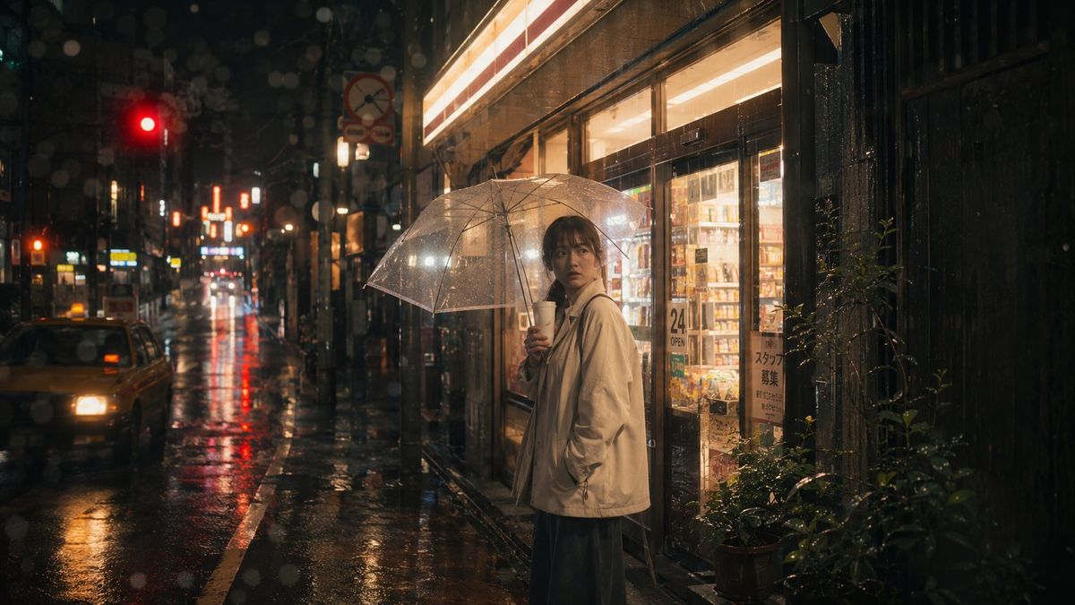 Rainy Tokyo Convenience Store Scene