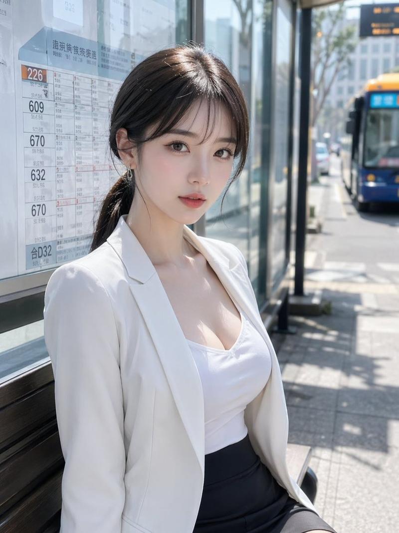 日本公交车站的写实女性肖像