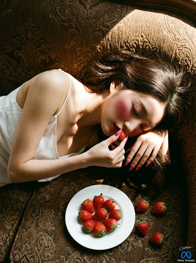 写实俯拍：手持草莓的女性肖像