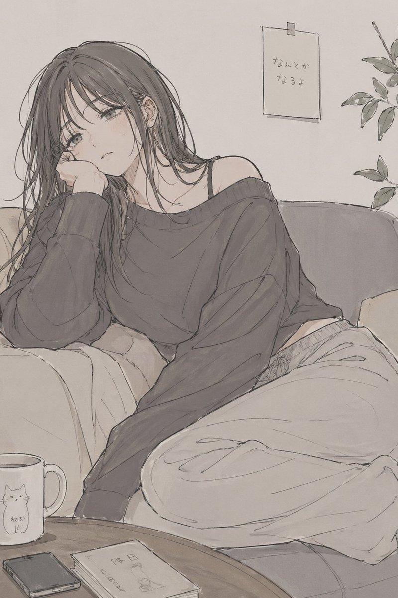 沙发上放松的女性素描