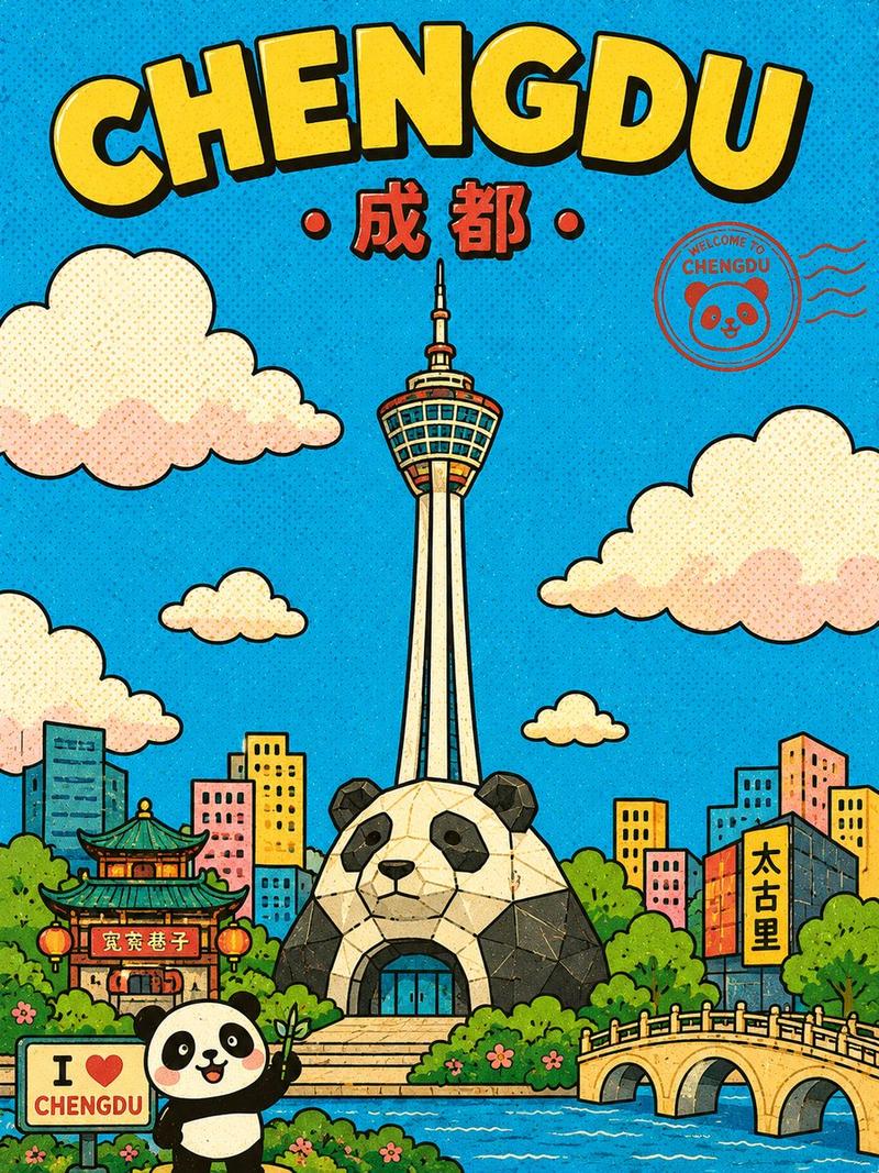 可爱复古成都卡通海报