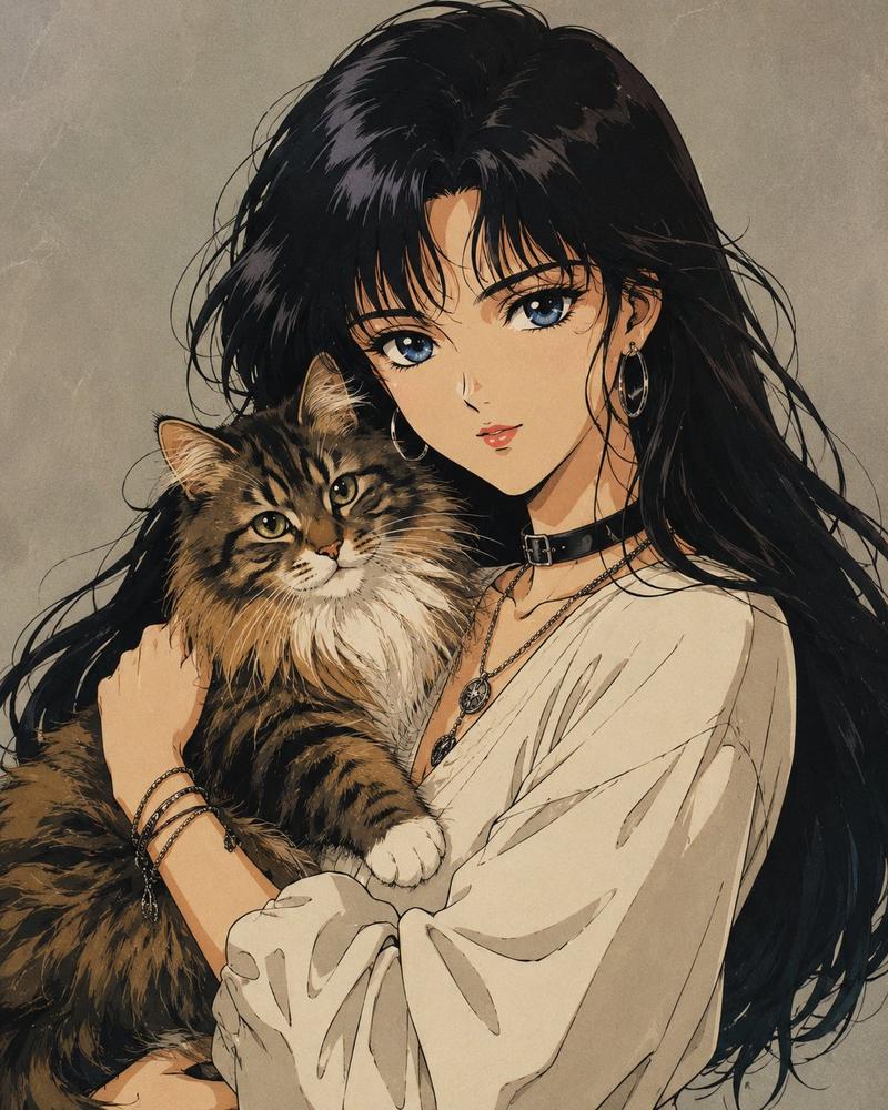 复古少女动漫风格女孩与猫