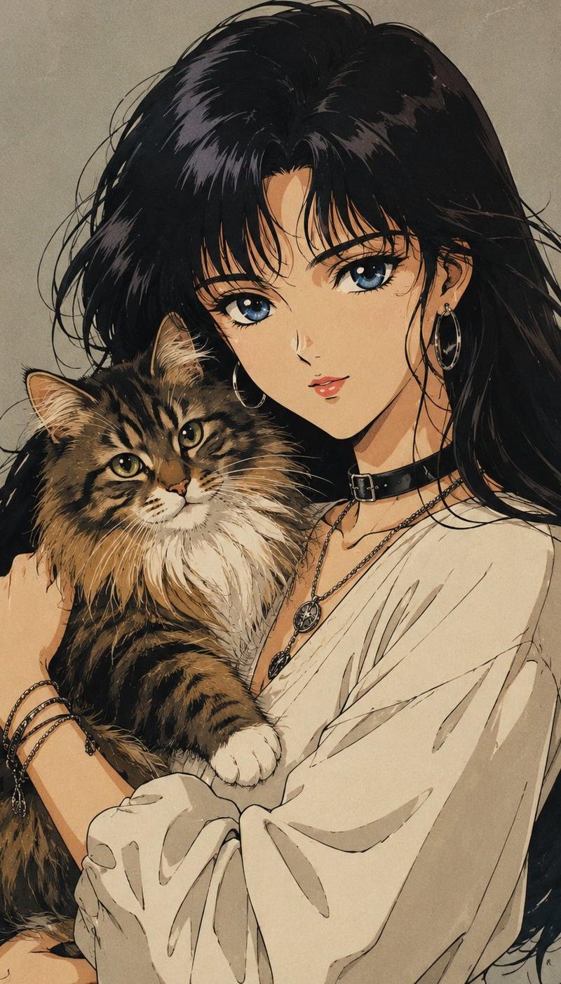 复古少女动漫风格女孩与猫