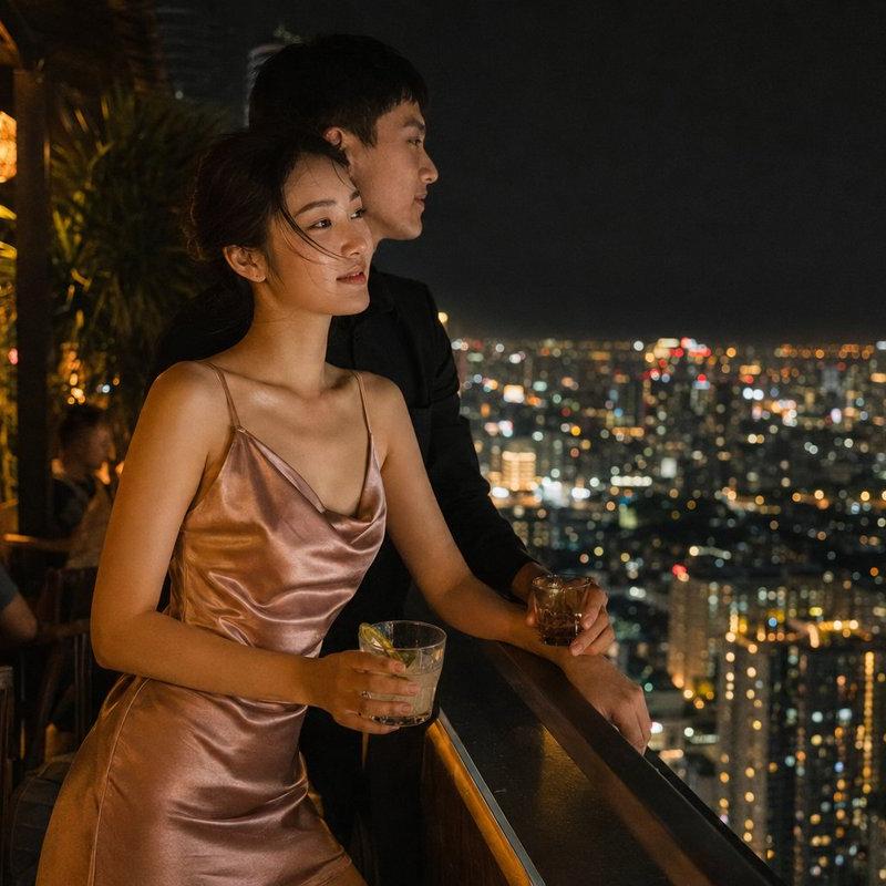 Rooftop Bar Night Cityscape Couple