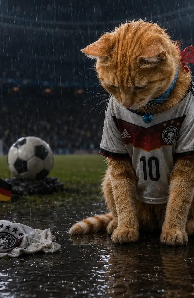 身穿德国队球衣的忧伤足球猫