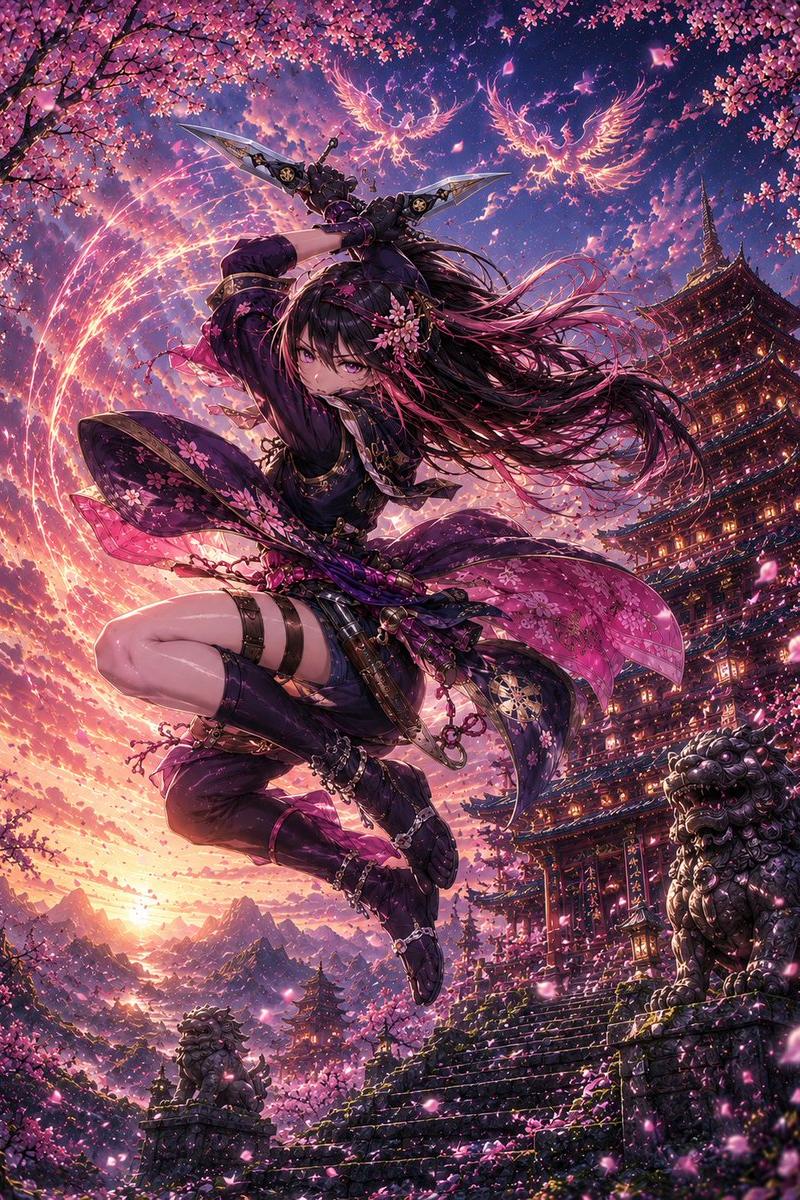 日落寺庙中的樱花忍者