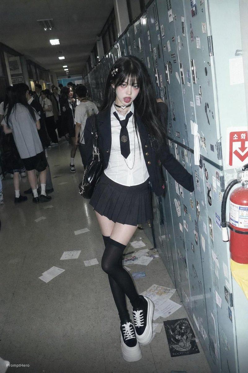 闪光灯摄影风格：学校走廊制服照
