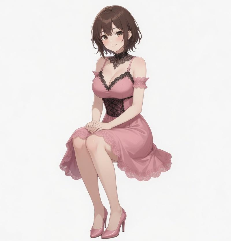 身着粉色连衣裙的动漫女性坐姿插画
