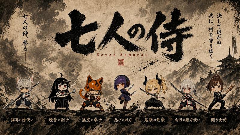 七武士 Q 版水墨海报
