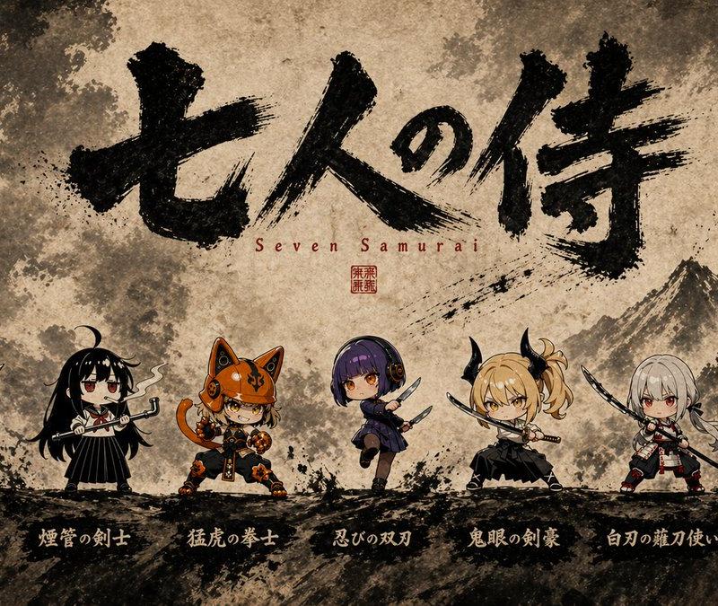 七武士 Q 版水墨海报