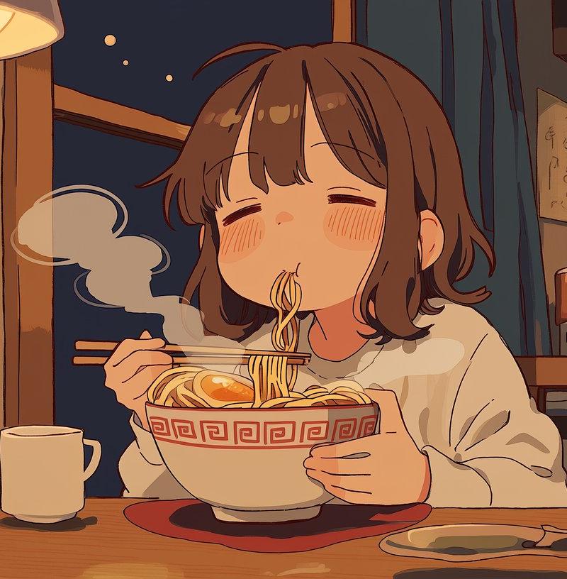 深夜吃拉面的困倦女子