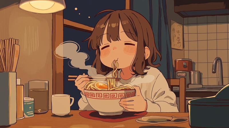 深夜吃拉面的困倦女子