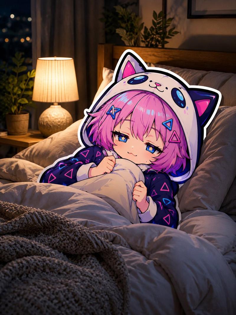 床上困倦的猫咪连帽衫动漫女孩