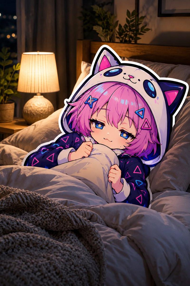 床上困倦的猫咪连帽衫动漫女孩