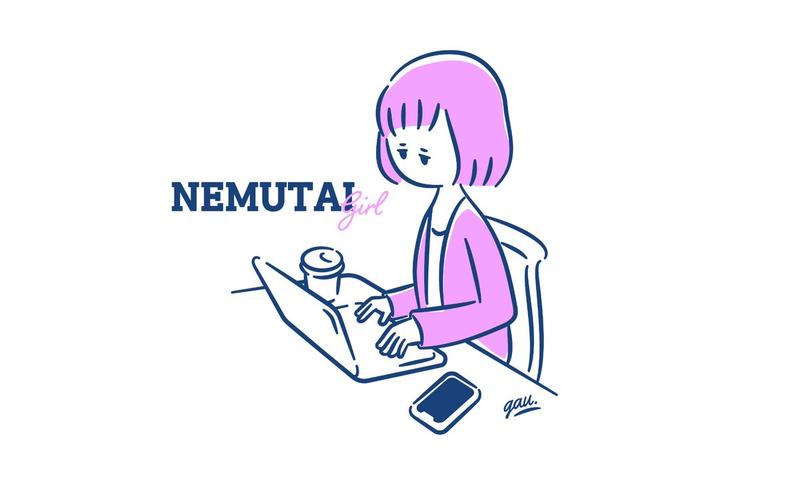笔记本电脑前的困倦女孩插画