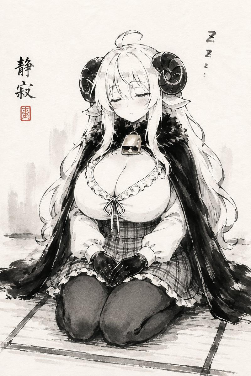 沉睡羊角少女水墨画