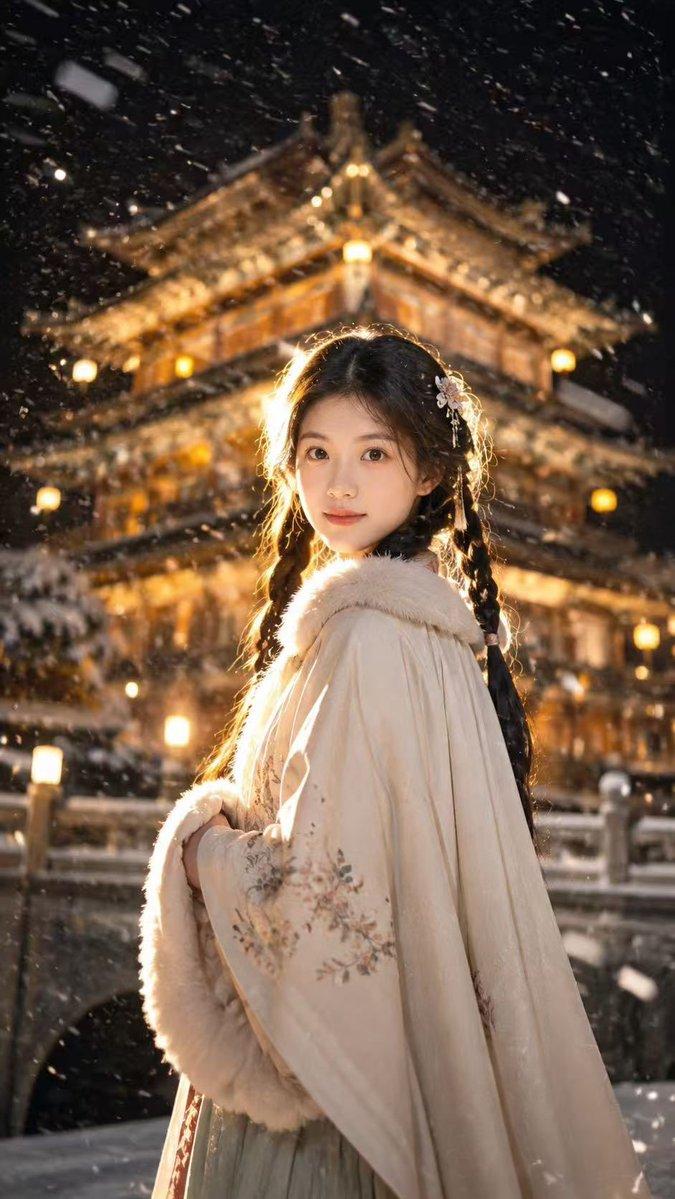 雪中中式寺庙肖像