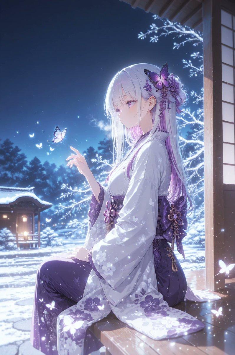 雪中和服蝴蝶动漫场景