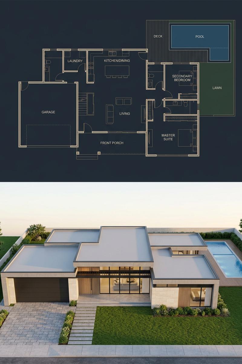分割式蓝图与现代住宅渲染图