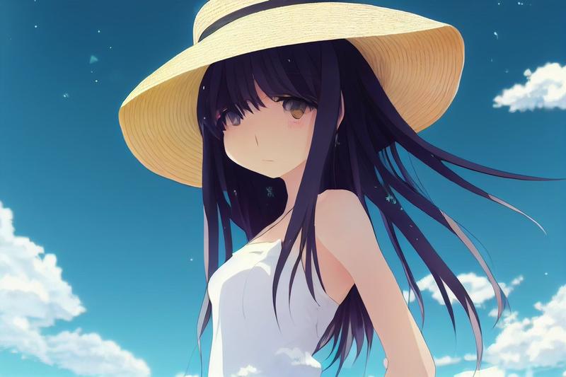 蓝天之下戴草帽的动漫少女